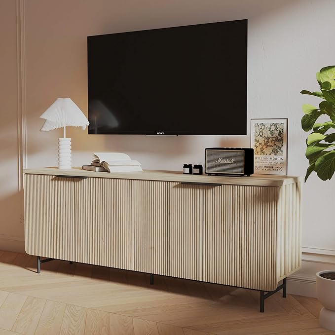 SAINTCY Mid Century Fluted TV Stand for 55/60/65/70/75 inch TV, 68" Oak ...