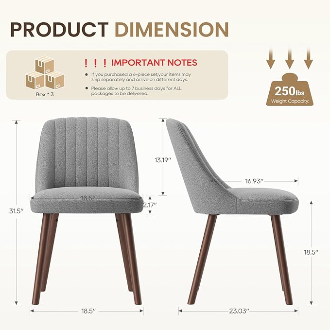Upholstered Dining Chairs Set of 6, Modern Fabric Kitchen Chairs with Back, Wood Legs for Kitchen Dining Room Restaurant, Grey