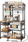 VEVOR Kitchen Bakers Rack with Power Outlets, 35.4x15.7x70.9 Inch Microwave Stand with Built-in Power Strip & 5 Ft Cord, 10 S-Shaped Hooks, for Dish Storage, Spice Jars, Coffee Bar Organization
