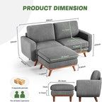 Vesgantti 68" Loveseat Sofa with Movable Ottoman, Comfy Corduroy Couch with Spring Cushion, Sofa Couch with Solid Wood, Modern Office Sofa with Deep Seat for Living Room and Bedroom, Dark Gray