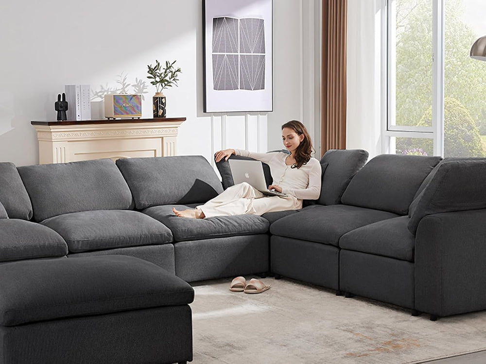 Siiejia Modular 7 Seater Sectional Sofa, Oversized Cloud Couches, Dark Grey