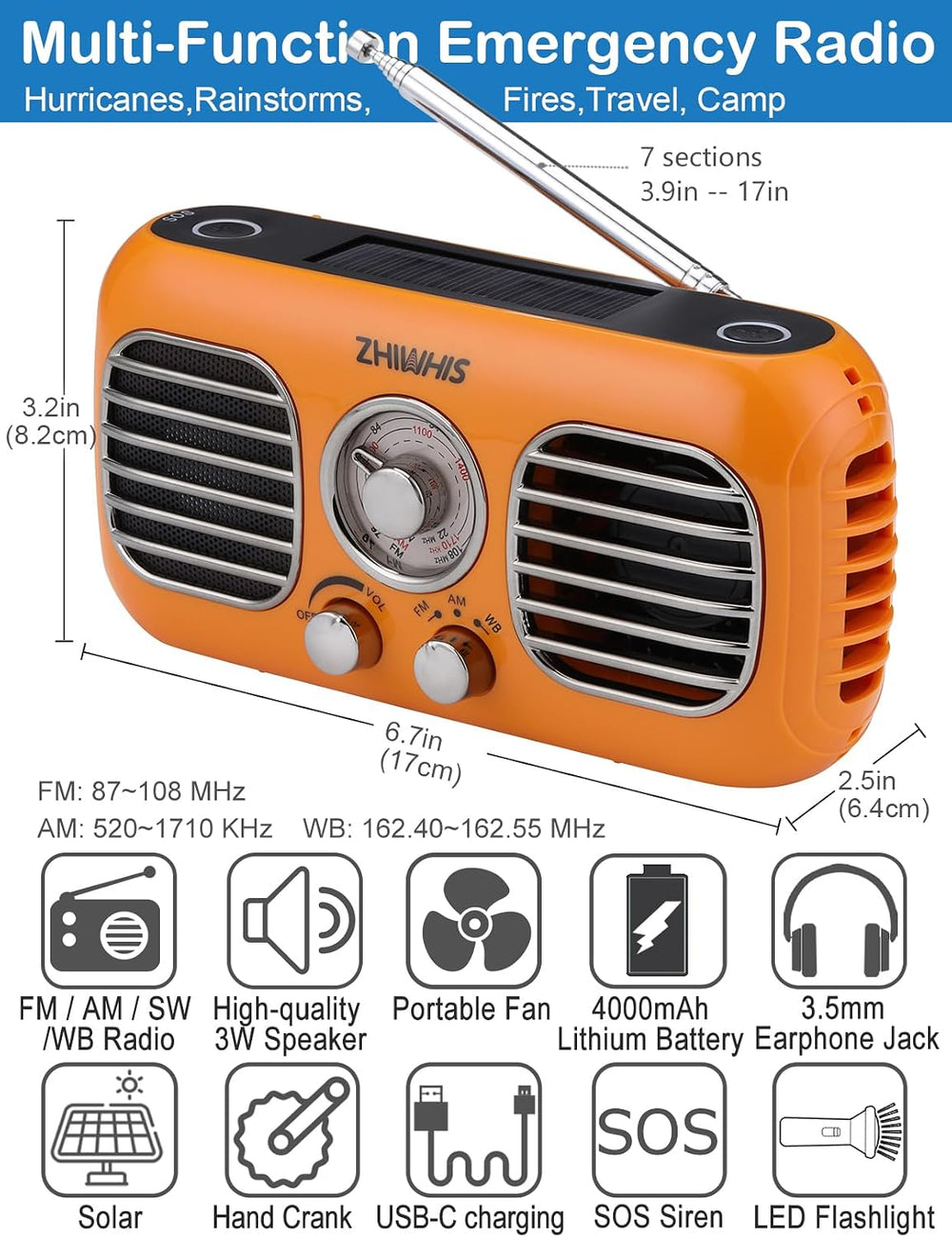 ZHIWHIS Emergency Radio with Portable Fan, AM/FM/WB Weather Radios with SOS S...