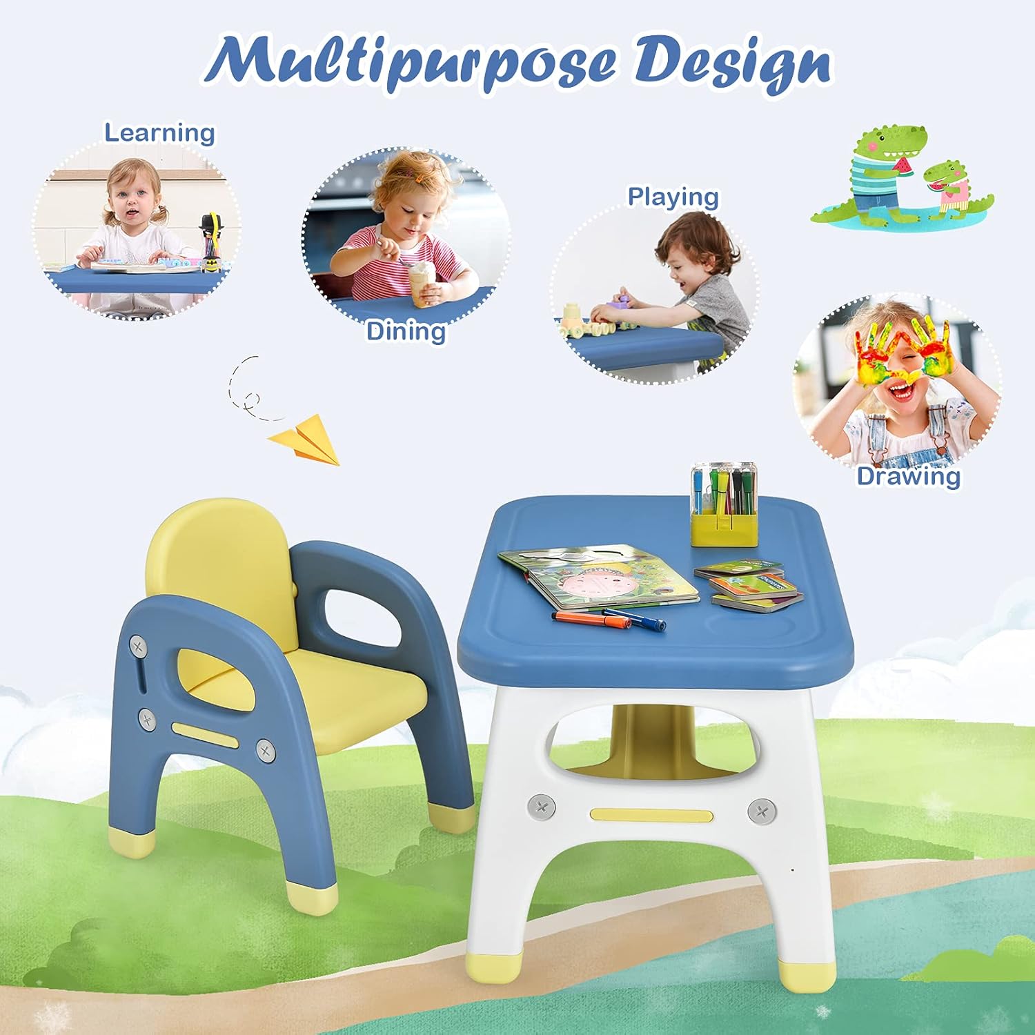 Costzon Toddler Table and Chair Set, Cute Dinosaur Children Activity Art Sturdy Desk Set w/Storage Rack & Montessori Building Blocks, Kids Table and Chair for Baby Boys Girls (Blue)