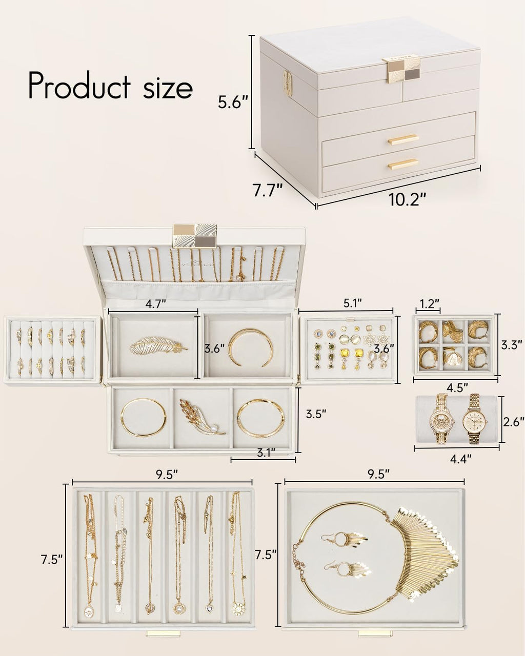 Vlando 4 Layers Jewelry Box - Women Jewelry Box with Retractable Tray - Jewelry Organizer with Drawer for Necklaces, Rings, Bracelets, Earrings, Gift for Couples Mom Girls - Could White