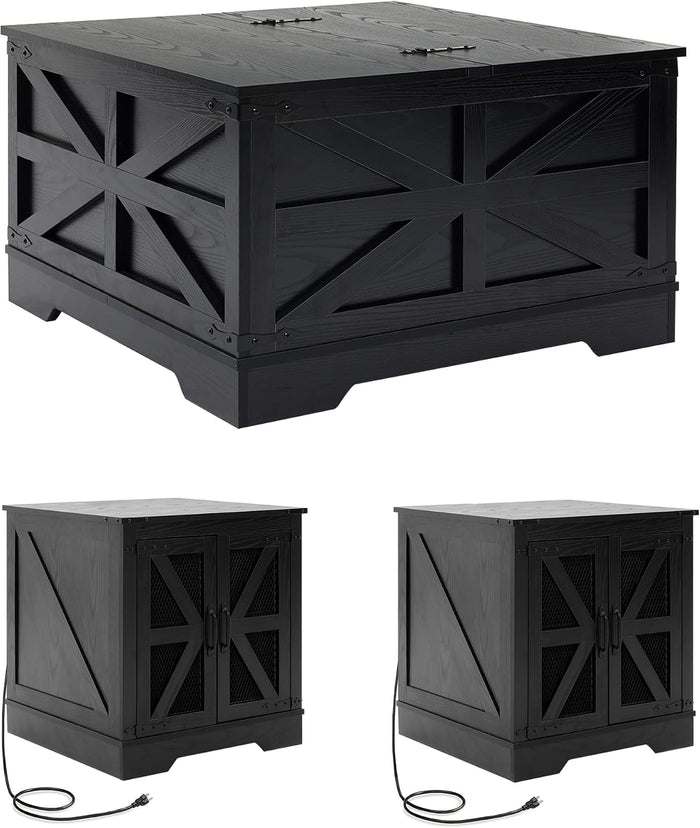 Farmhouse Coffee Table and End Table Set with Charging Station 3 Piece Set, Black Living Room Tables with Hidden Storage, Rustic Wood Furniture for Home and Office, Black