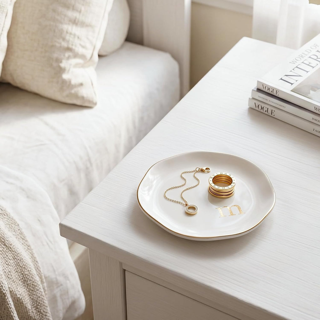 Ceramic Jewelry Tray, Personalized Initial Jewelry Dish for Rings Earrings Necklaces Bracelets, White Letter M Initial Ring Dish for Vanity, Birthday Mother's Day Christmas Gift for Women, 4.5 Inch