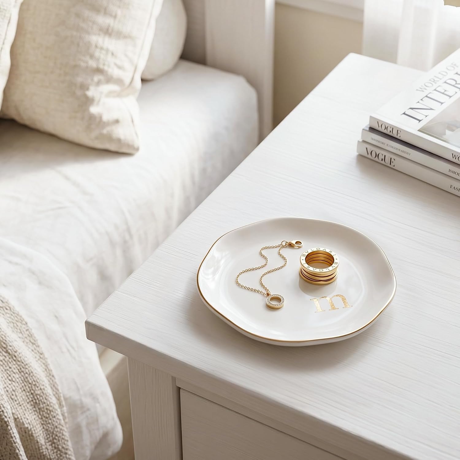 Ceramic Jewelry Tray, Personalized Initial Jewelry Dish for Rings Earrings Necklaces Bracelets, White Letter M Initial Ring Dish for Vanity, Birthday Mother's Day Christmas Gift for Women, 4.5 Inch