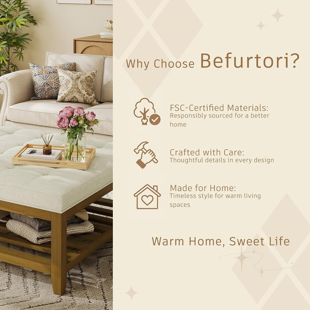 Befurtori Ottoman with Storage Bench, Linen Ottoman Coffee Table, Ivory | Sol...