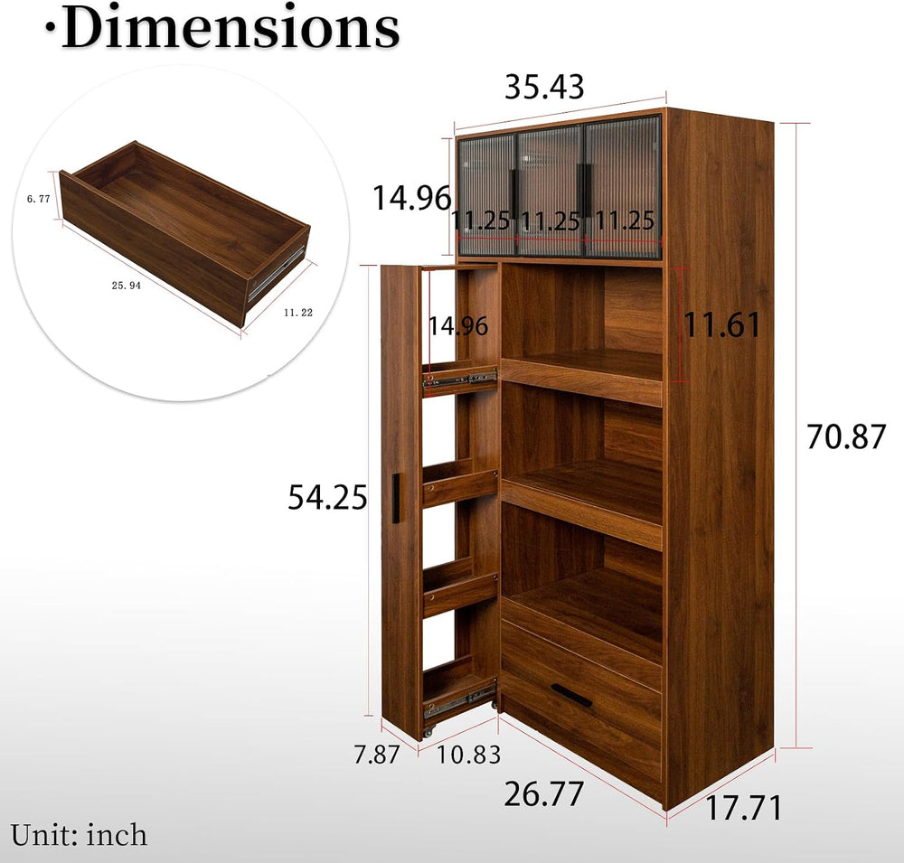 Tall Kitchen Hutch Cabinet with Pull-out Shelves & Drawer Freestanding Pa...