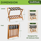 Set of 2 Premium Solid Teak Wood Luggage Racks with Shelf, 25" Foldable Suitcase Stands for Hotel, Airbnb & Resort | Heavy-Duty Hardwood Build, Holds 176 lbs Each, Reinforced Woven Straps
