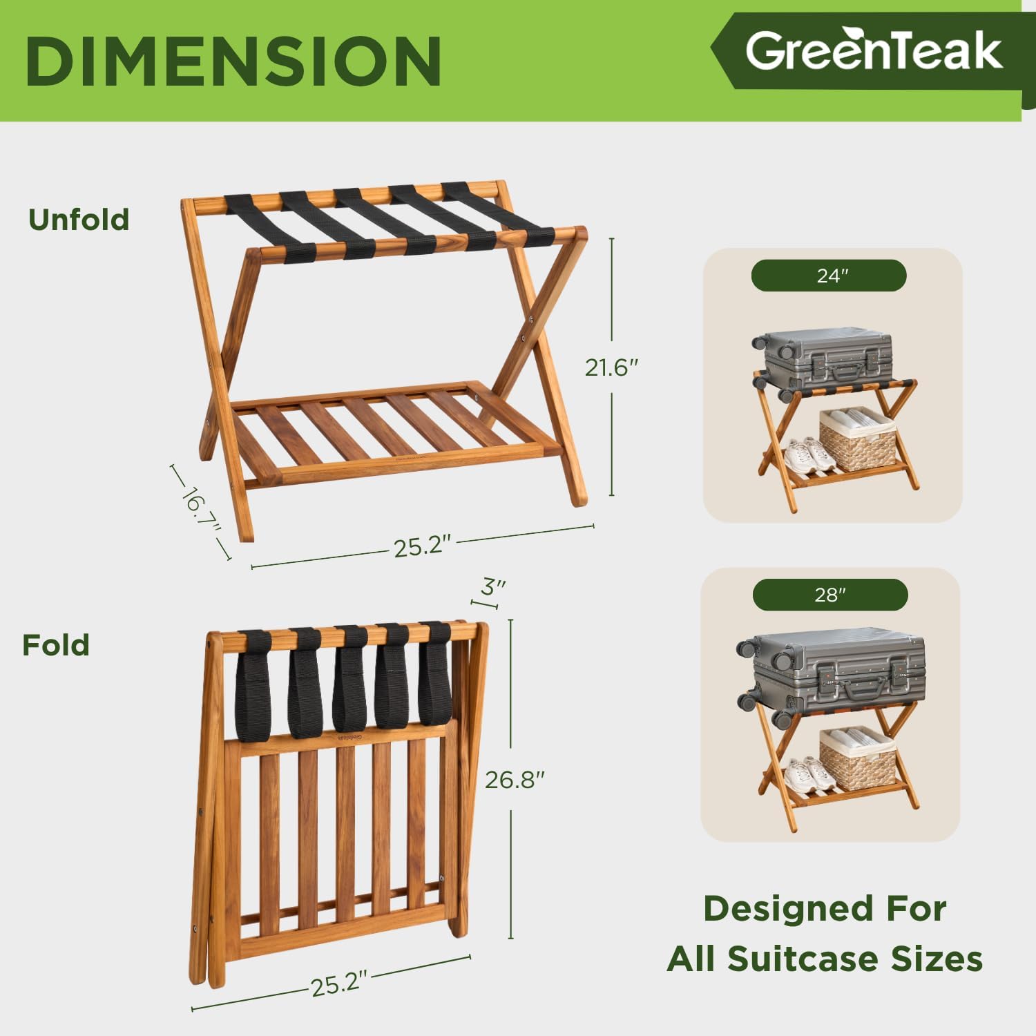 Set of 2 Premium Solid Teak Wood Luggage Racks with Shelf, 25" Foldable Suitcase Stands for Hotel, Airbnb & Resort | Heavy-Duty Hardwood Build, Holds 176 lbs Each, Reinforced Woven Straps