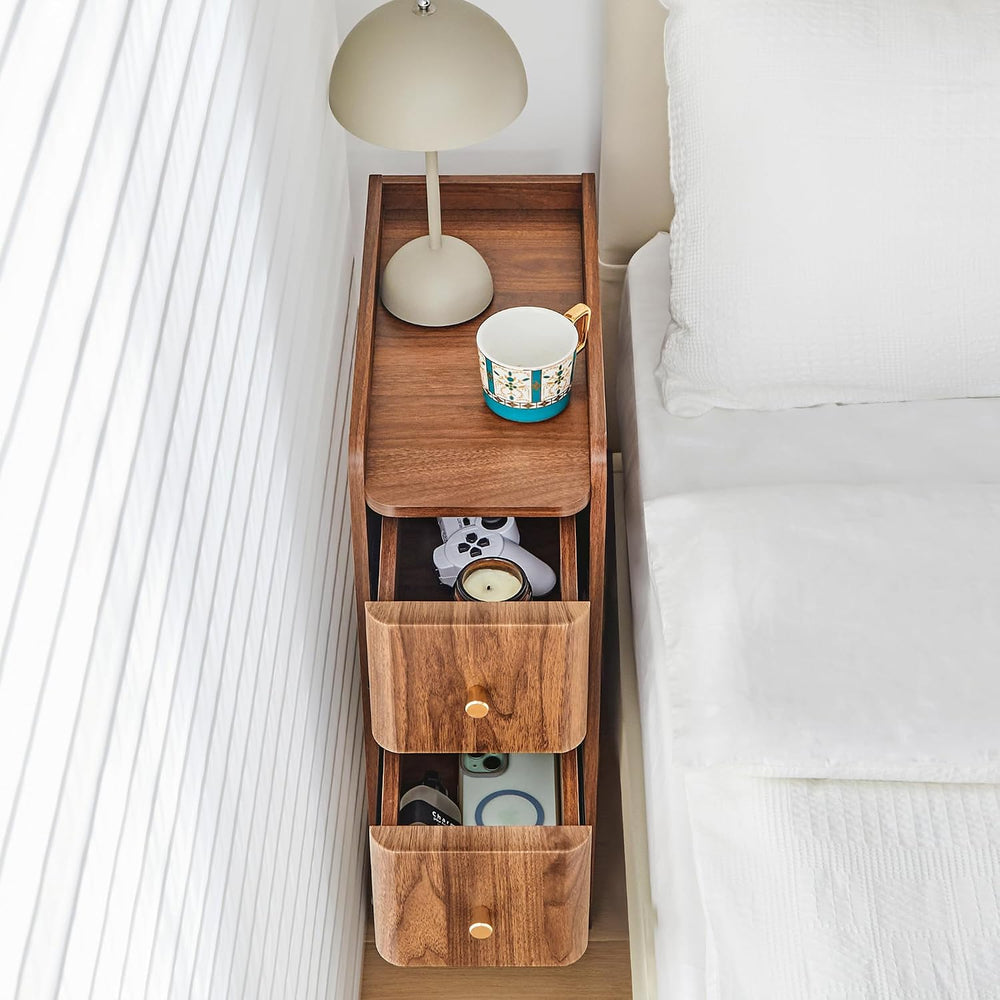Narrow End Table Bedroom, Wooden Small 2 Drawer Nightstand, Thin Couch Side E...