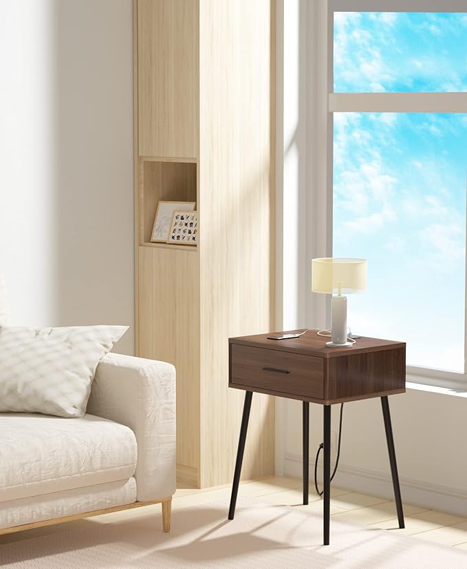 HAIOOU Set of 2 Mid Century Nightstand with Charging Station, End Table Moder...