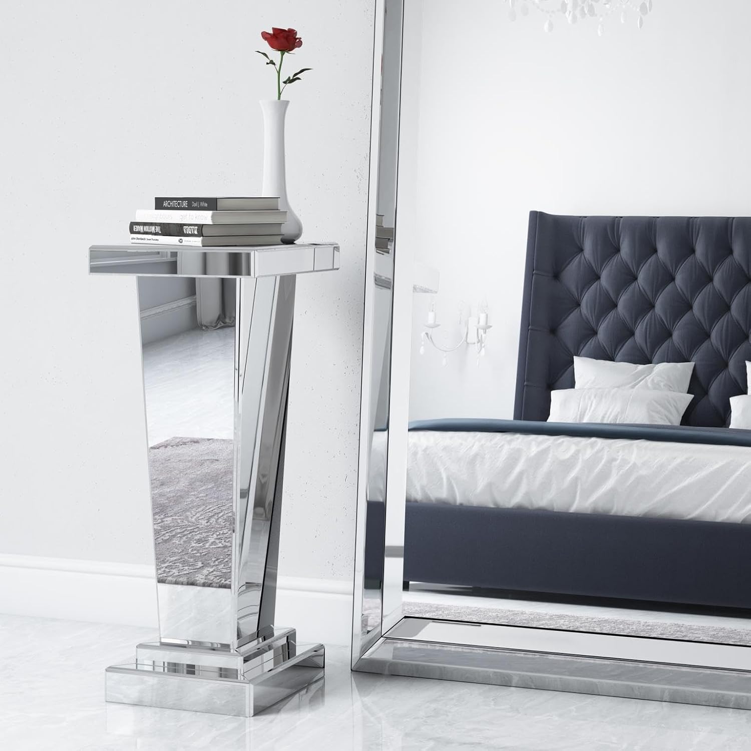 Howard Elliott Collection Tapered Mirrored Pedestal Accent Table, Elegant Modern Bed Side Style, Mirrored Finish Design, for Bedroom, Entryway or for Any Room, 15 x 15 x 36 Inch,