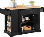 Yaheetech Kitchen Island on Hidden Wheels, Rolling Kitchen Cart with Thicker Rubberwood Top & 3 Drawers & Open Shelves, Storage Cabinet with Adjustable Shelves for Dining Room, 46″L × 22″W, Black | Mobile Kitchen Island with Storage on Wheels with