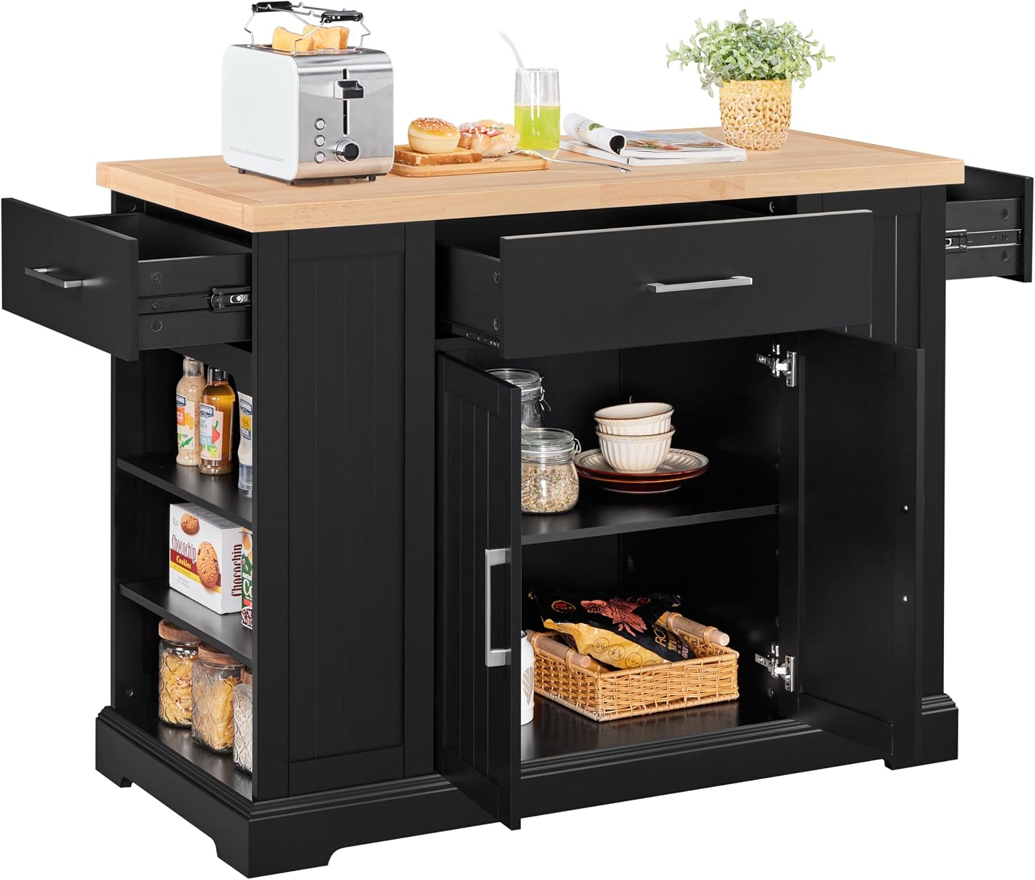 Yaheetech Kitchen Island on Hidden Wheels, Rolling Kitchen Cart with Thicker Rubberwood Top & 3 Drawers & Open Shelves, Storage Cabinet with Adjustable Shelves for Dining Room, 46″L × 22″W, Black | Mobile Kitchen Island with Storage on Wheels with