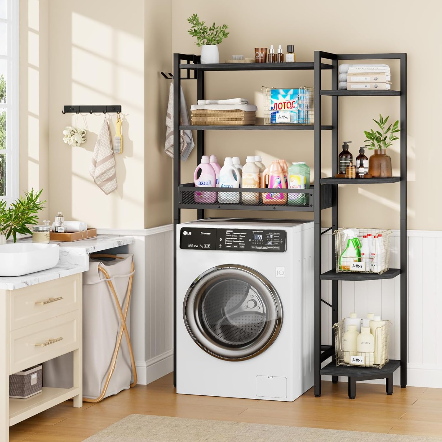 K1 Heavy Duty 7-Tier Over The Toilet Storage（with Basket and Paper Hook） Freestanding Above Toilet Shelf with Adjustable Feet，Space Saver Bathroom Shelves 9.3" D x 33.5" W x 63.8" H，Black