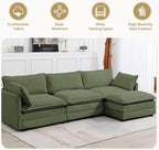 112'' Sectional Modular Cloud Couch, Oversized L Shaped 3 Seat Sofa with Movable Ottomans, 2 Throw Pillows, Upholstered Corduroy L Shape Comfy Deep Couches for Living Room and Office, Green