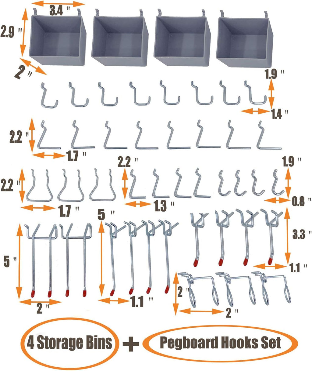 Wallmaster Pegboard Organizer Garage Storage - 48pcs Pegboard Hooks Set, Pegboard Tool Organizer with 48x24 Inch Steel Peg Board & 4 Storage Bins (Black)