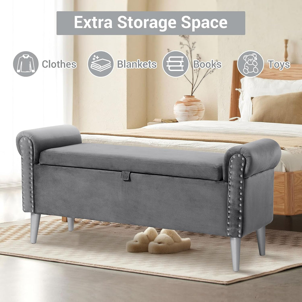 Storage Bench for Bedroom- Grey Velvet Bench with Storage 47" | Featurin...