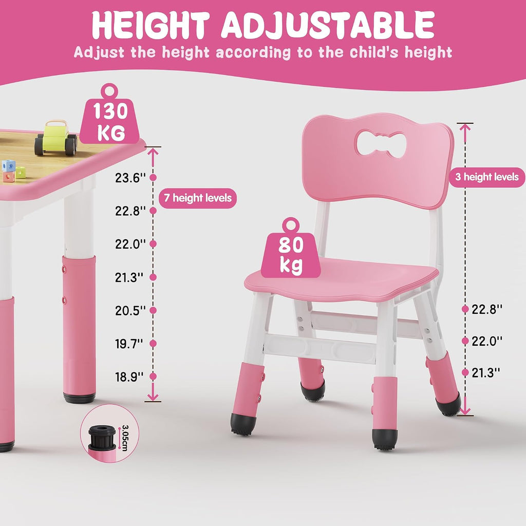 Brelley Height Adjustable Toddler Table and 2 Chairs Set, Pink | Table Supports 280 lbs, Wooden Drawing Activity Desk, Classroom/Daycare/Home, Children Multi-Activity Table for Ages 3-8