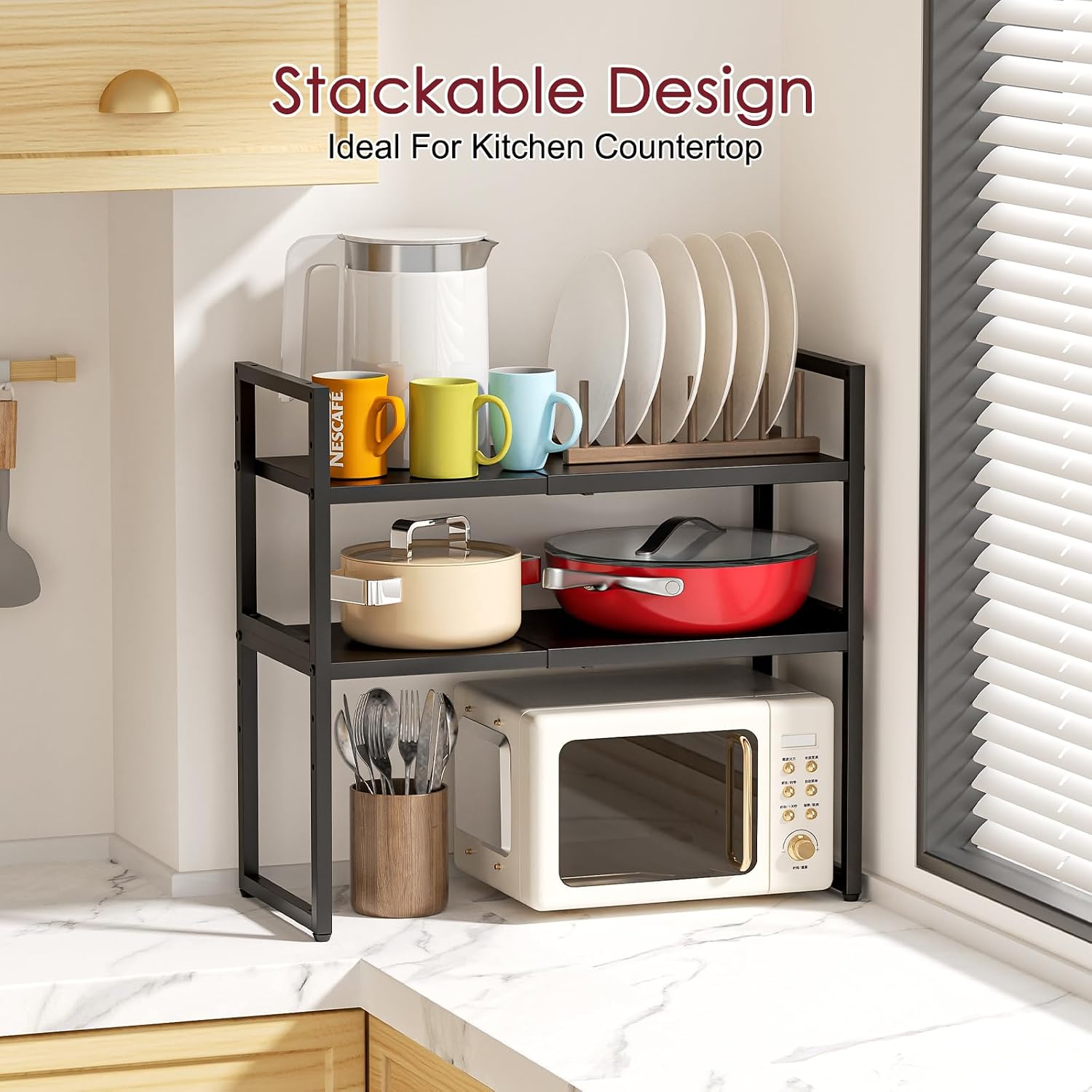 Expandable Kitchen Storage Shelves,110LBS Heavy Duty Metal Garage Shelving Units For Pot Pans Appliance,Adjustable Small Storage Shelf Rack Organizer For Kitchen Countertop Under Cabinet Garage Pantry
