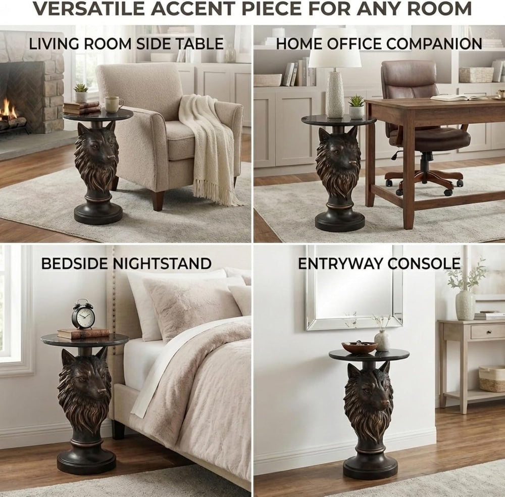 Wolf Head Side Table, Round End Table with 17.72" Black Faux Marble Top,...