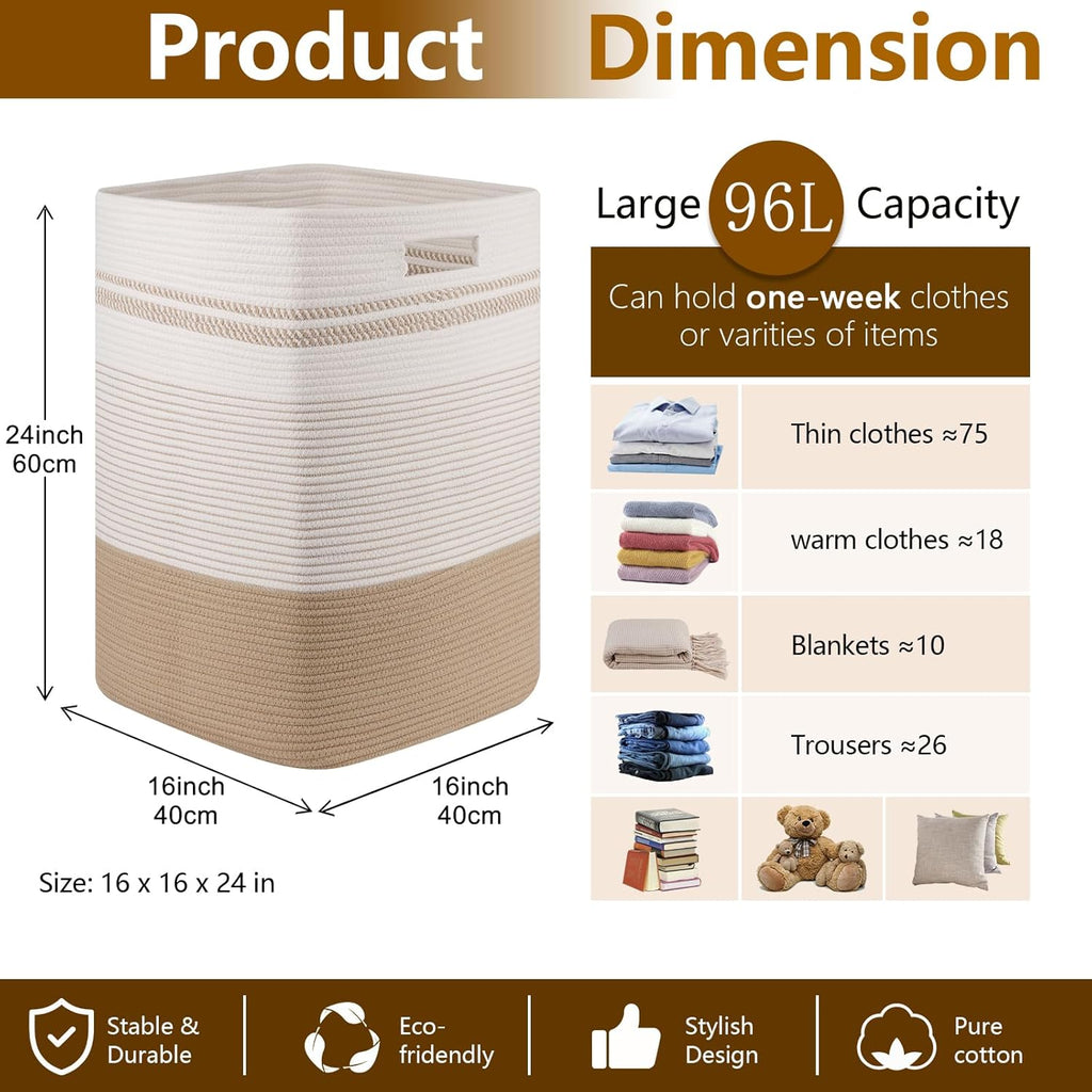 Laundry Hamper, Large Woven Rope Tall Laundry Basket with Handles, 24" X 16" X 16", Decorative Storage Basket for Clothes and Blankets in Living room, Bedroom, Jute & White