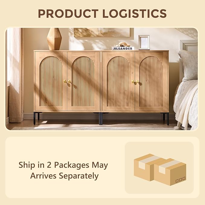 Modern TV Stands for 75 Inch TVs, 61.75‬"W Wood Entertainment Center w/Adjustable Shelves, Mid Century Modern TV Stand w/Arched Fluted Doors, Media Console Cabinet for Living Room, Natural