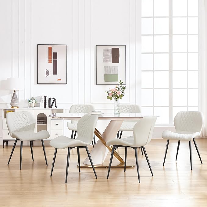 Dining Chairs Set of 6, Comfy Modern Dining Chairs with Thick Cushions, Upholstered Fabric Kitchen Side Chairs with Adjustable Metal Legs for Dining Room (Beige)