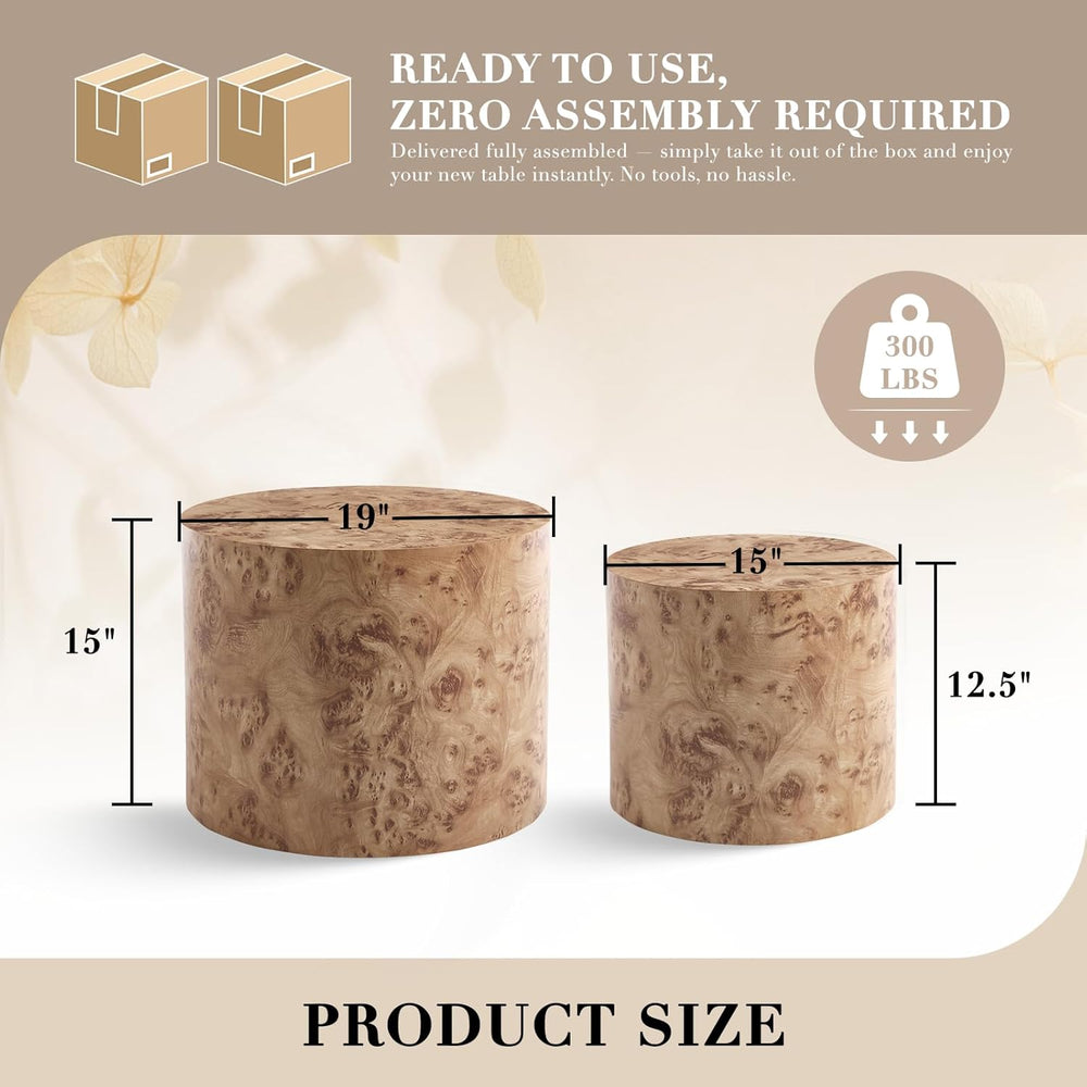 CIMOTA Round Wood Nesting Coffee Table Set of 2, Modern Circle Travertine End...