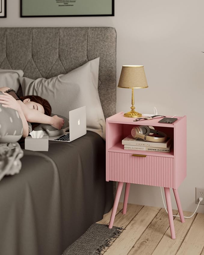 Nightstand with Oultlet,Modern Bedside Table with Storage Drawer and Open Woo...