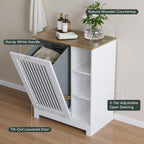 Tilt Out Laundry Hamper Cabinet with Louvered Door, Canvas Basket and 3 Open Side Shelves, Hidden Trash Can Cabinet, Ideal for Laundry, Kitchen, Bathroom, White
