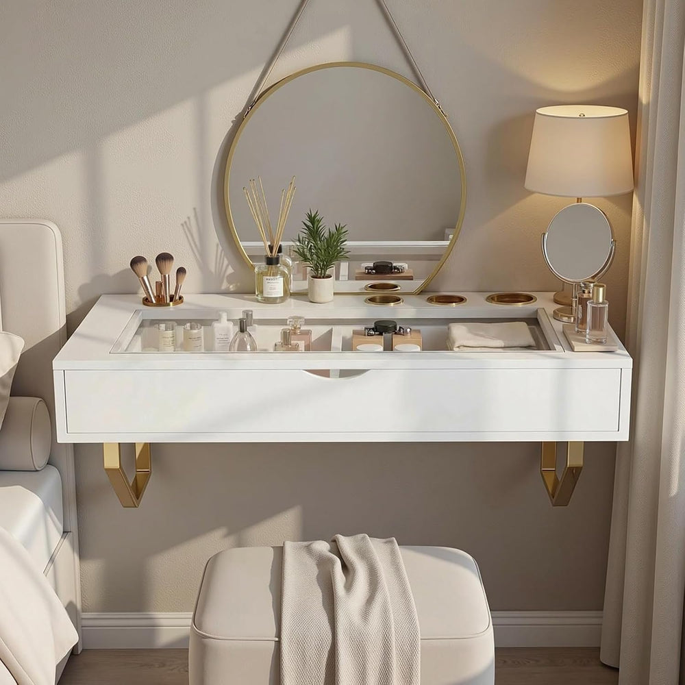 Floating Makeup Vanity Table, 31 inch Wall Mounted Desk for Bedroom, White | ...