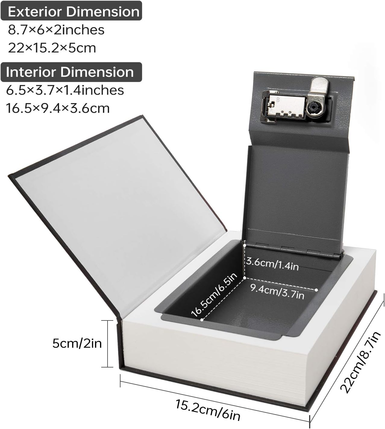 Real Paper Transfer Book Safe, Hollow with Secret Hidden Compartment, Key Lock, 8.7"×6"×2" (Black Dictionary-Key)