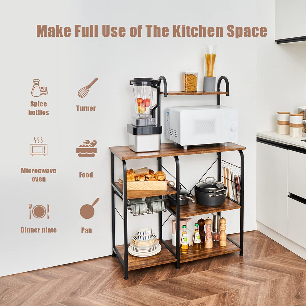 Excited Work Kitchen Baker's Rack Utility Storage Shelf Microwave Oven Stand 3-Tier+4-Tier Coffee Bar Table with Wire Basket and 5 S-Shape Hooksfor Spice Rack, Metal Frame, Black