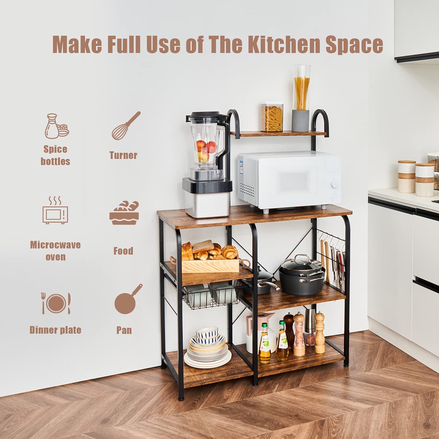 Excited Work Kitchen Baker's Rack Utility Storage Shelf Microwave Oven Stand 3-Tier+4-Tier Coffee Bar Table with Wire Basket and 5 S-Shape Hooksfor Spice Rack, Metal Frame, Black