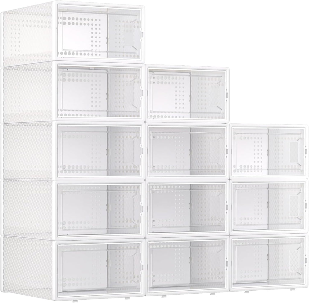 X-Large Plastic Clear Shoe Storage Boxes Stackable 12 Pack Fit Size 11, Shoe Rack & Holder Substitute, Sneaker Containers, Toy Storage Organizer for Entryway, Closet, Under Bed (White)