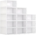 X-Large Plastic Clear Shoe Storage Boxes Stackable 12 Pack Fit Size 11, Shoe Rack & Holder Substitute, Sneaker Containers, Toy Storage Organizer for Entryway, Closet, Under Bed (White)