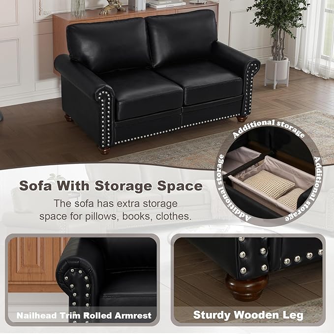 2 Piece Faux Leather Sofa Set,Modern Chair and Loveseat Sets with Storage,Mid Century Couch with Rivet Rolled Arm,Comfy Deep Seat Sofa,Furniture for Living Room,Office(Armchair+Loveseat,Black)
