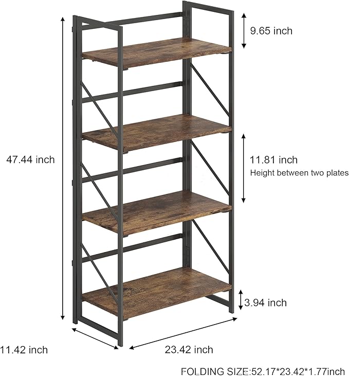 JSB No Assembly Folding Bookshelf, 4 Tier Industrial Metal Book Shelf for Sto...