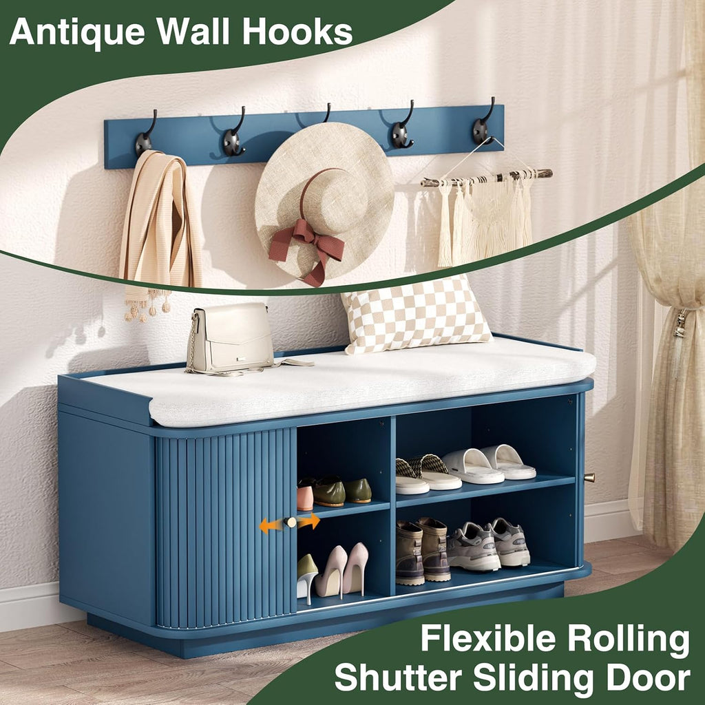 Hall Tree with Bench and Shoe Storage, Entryway Bench with Sliding Door Cabinet, Removable Padded, Metal Wall Hooks and Adjustable Storage Compartments, for Entry, Hallway, Living Room, Blue