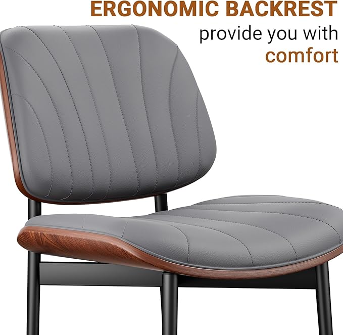 Dining Chairs Set of 2, Mid-Century Modern Upholstered PU Leather Chairs with Walnut Back and Metal Legs Adjustable Feet for Kitchen Dining Room, Dark Gray Shell Strips