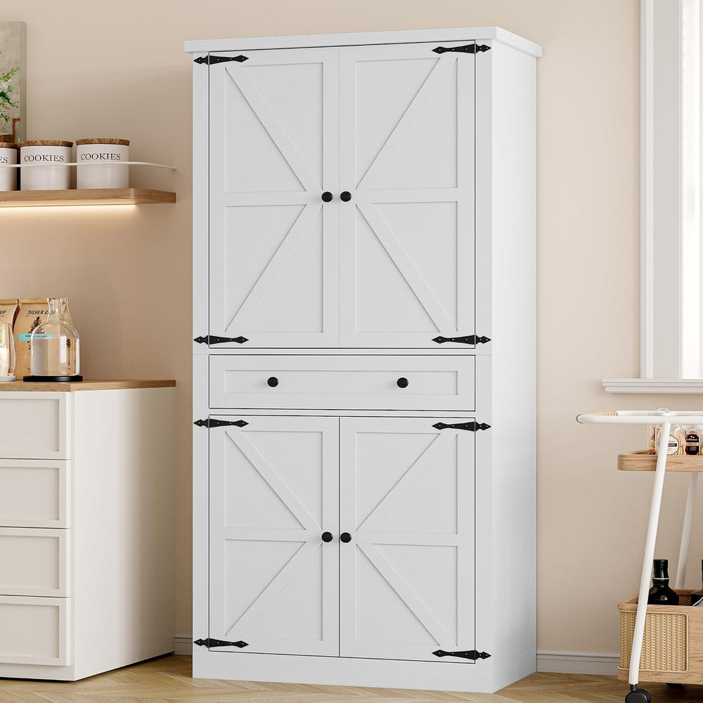 BORNOON Pantry Organizers and Storage Cabinet, 67.7” Barn Door White Kitchen ...