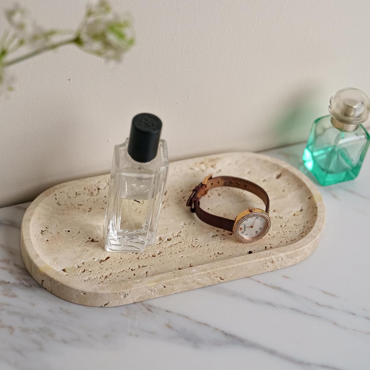 Beige Travertine Vanity Tray | Natural Stone Bathroom Organizer | Perfume & Jewelry Storage for Spa, Bedroom, Kitchen | Non-Slip Waterproof Design,11.8"x7.8"x0.6"