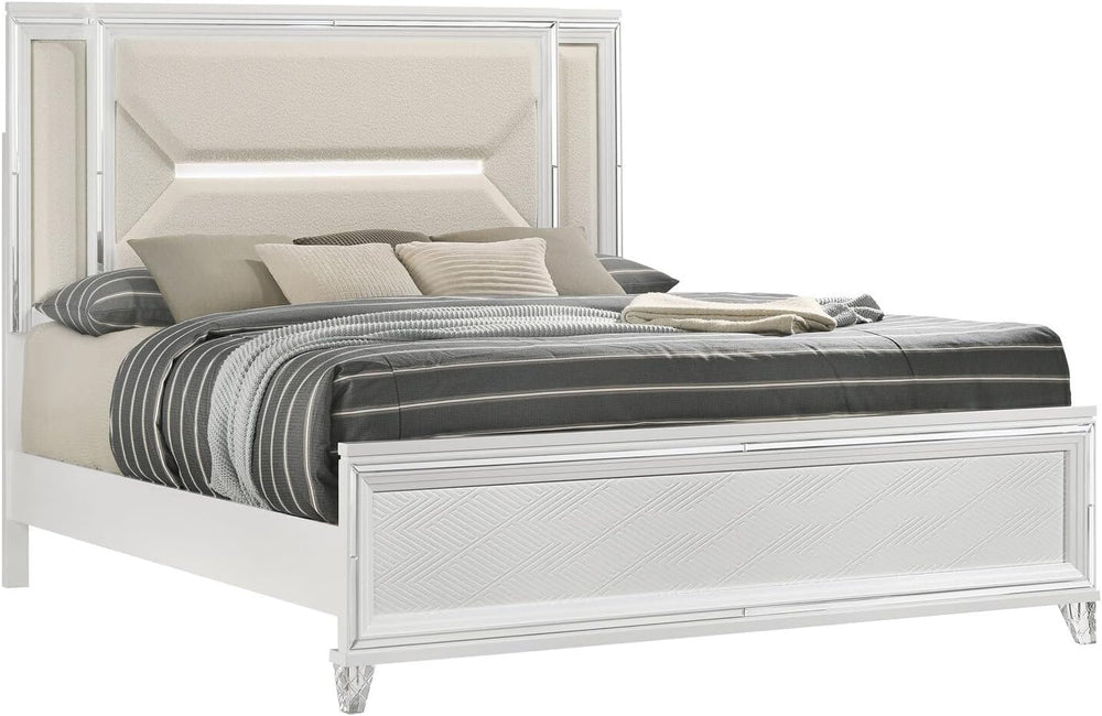 HomeStock Panel Bed with LED Headboard, 64 Inch, White Upholstery - Modern Be...
