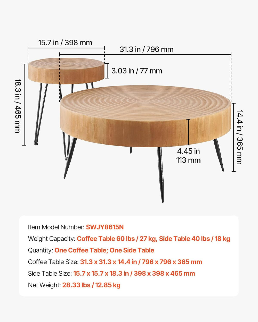VEVOR 2 Pieces Round Coffee Tables Sets, 31.3 in Industrial Living Room Table...