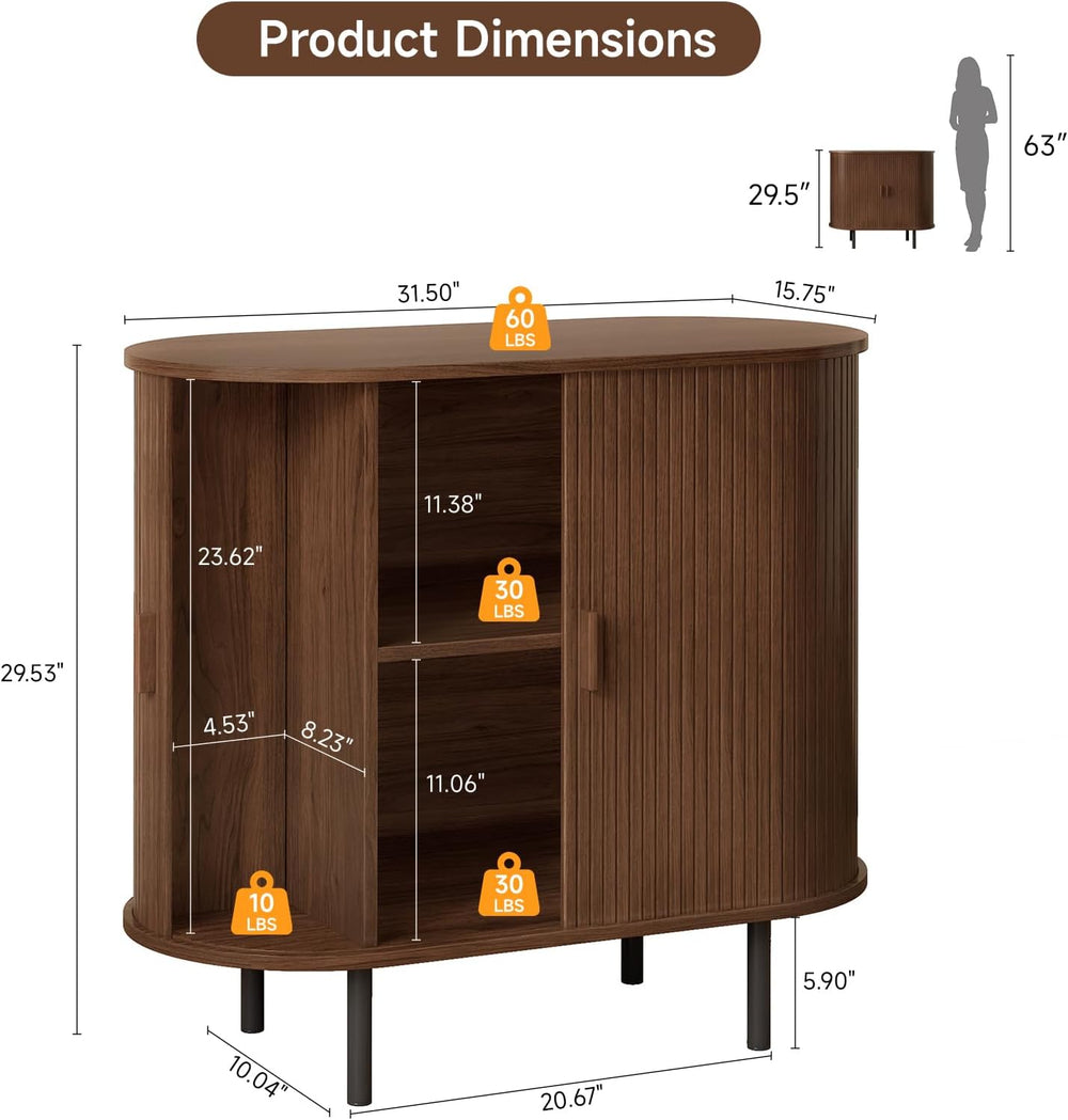 ComfyCorner 31.5" Fluted Buffet Sideboard Cabinet with Sliding Door, Walnut