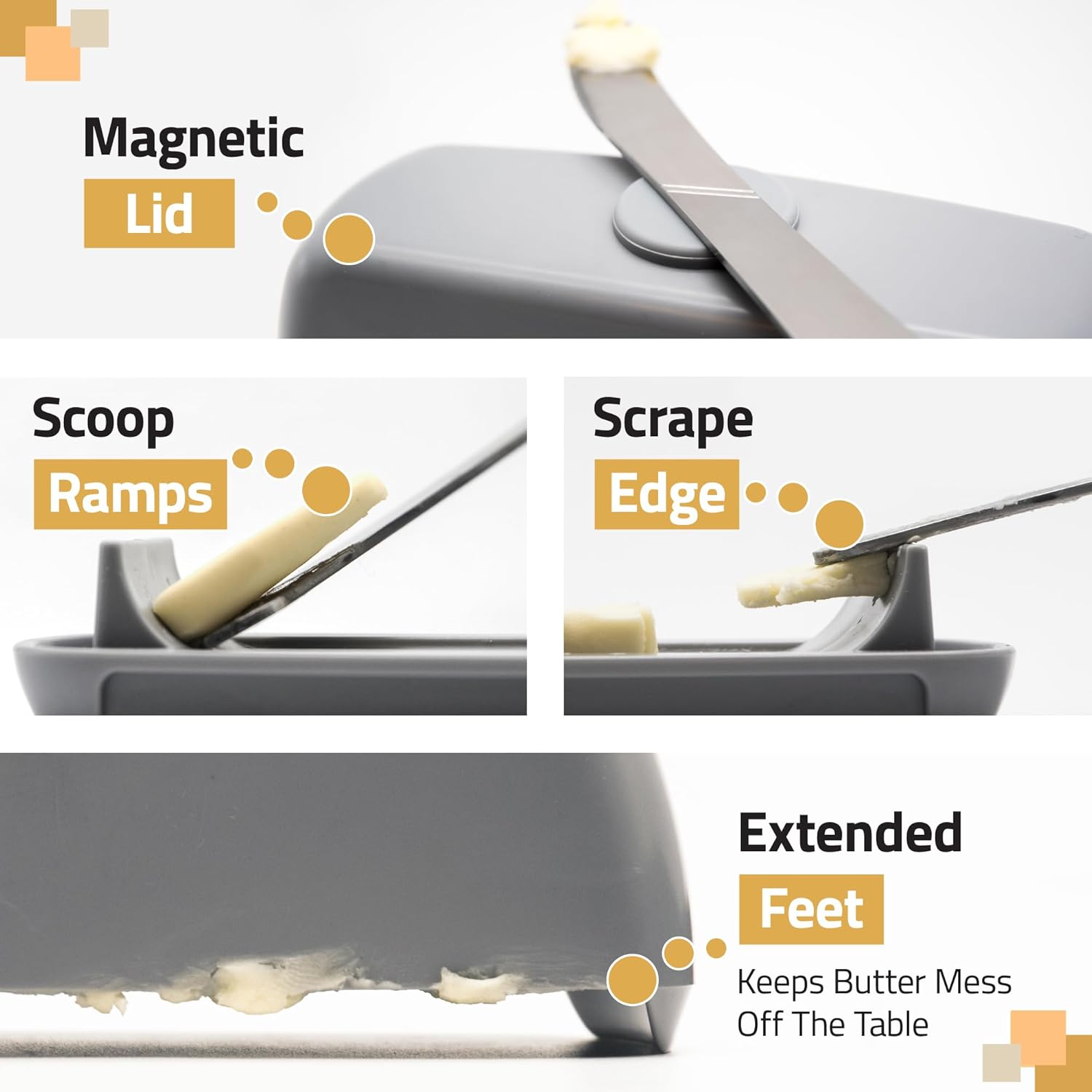 Butter Hub Butter Dish with Lid and Knife, Magnetic Butter Keeper, Easy Scoop, No Mess Lid, Plastic, Dishwasher Safe (Black)