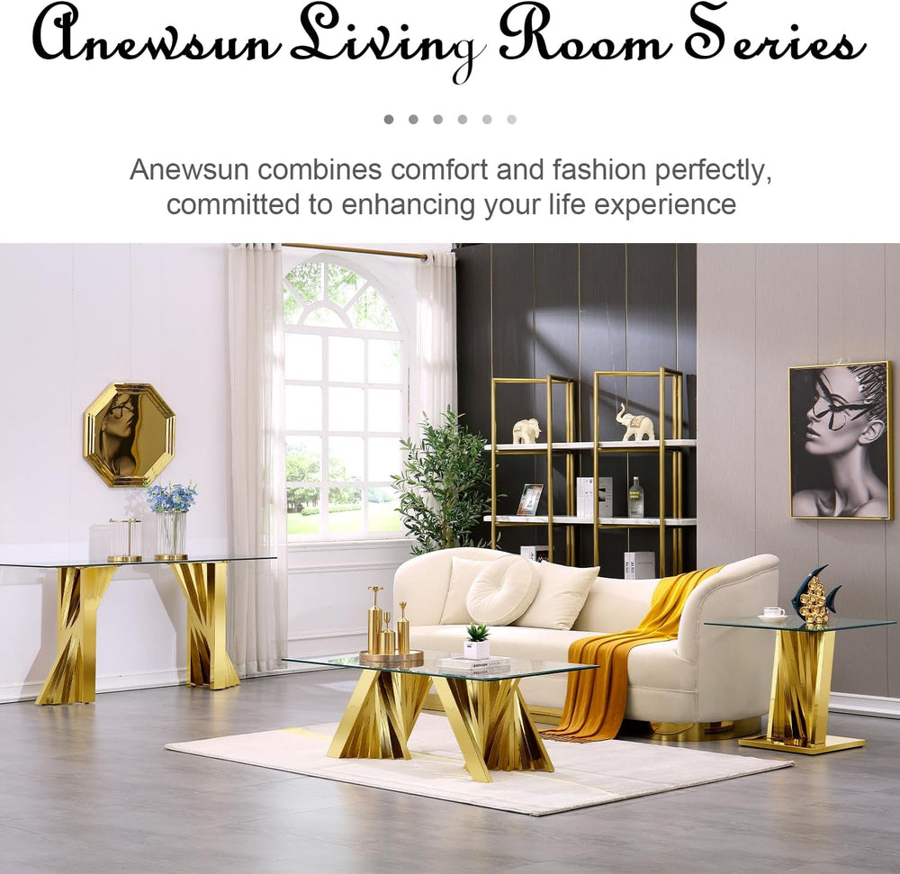 60" Gold Console Table, Entryway Table with Clear Tempered Glass | Moder...
